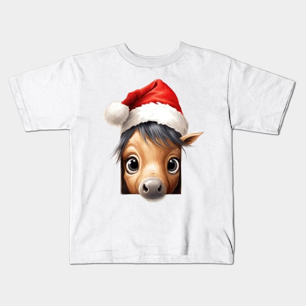 Christmas Peeking Baby Horse Kids T-Shirt by Chromatic Fusion Studio